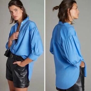 Maeve Anthropologie Puff Sleeve Poplin Button Shirt Women's small Blue Oversized
